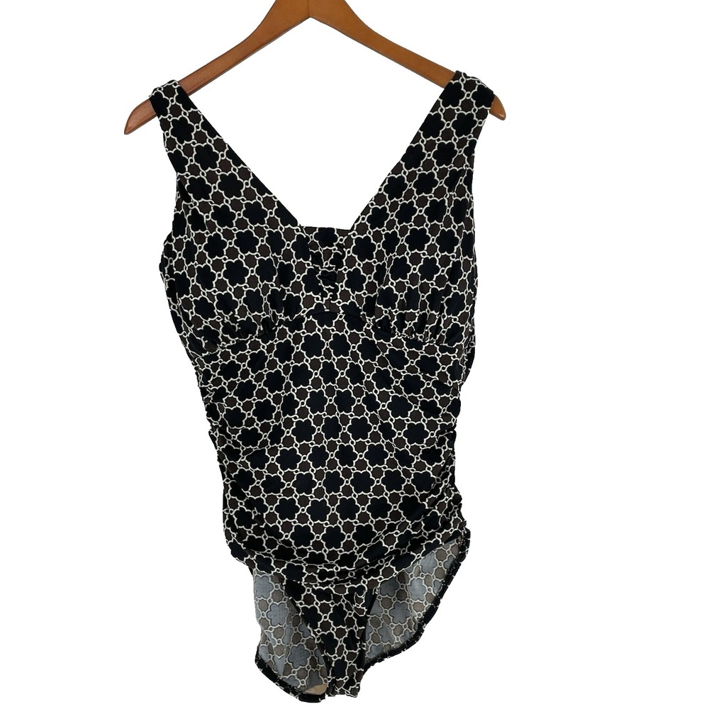 Talbots Womens 18D One Piece Swim Bathing Suit Ruched Slimming Geometric Pattern